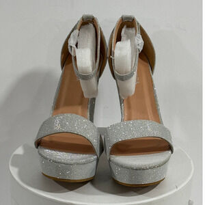 Silver Glitter Platform Heels Chunky Block Party Prom Sandals Size 6.5 Strap NIB